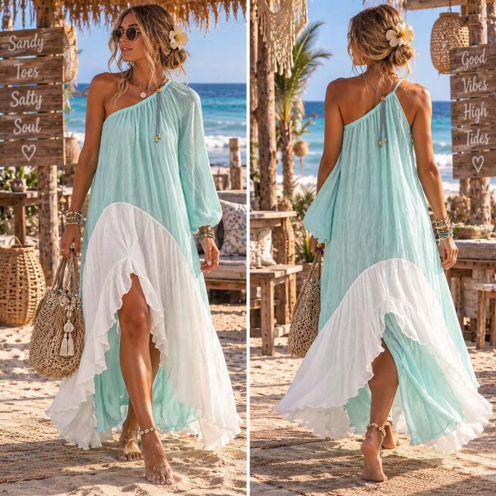 Brøgger Mint and White One-Shoulder Asymmetrical Dress